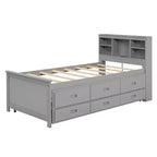 Lit plateforme avec lit gigogne et tiroirs, lit plateforme de rangement avec USB, lit plateforme en bois avec bibliothèque