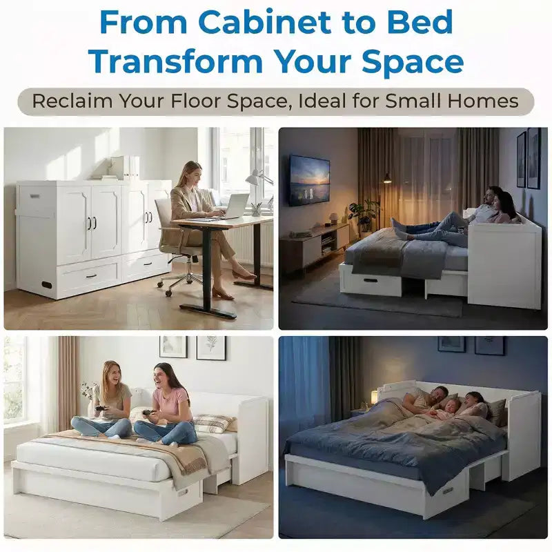 Lit escamotable convertible Queen Size Mjkone avec matelas, chargement USB, tiroirs de rangement
