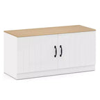 Banc à chaussures 2 portes avec étagères réglables et espace de rangement caché Naturel + Blanc/Blanc