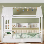Lit cabane avec tiroirs de rangement et fenêtre, cadre en bois massif avec étagères, design amusant et enfantin, blanc clair