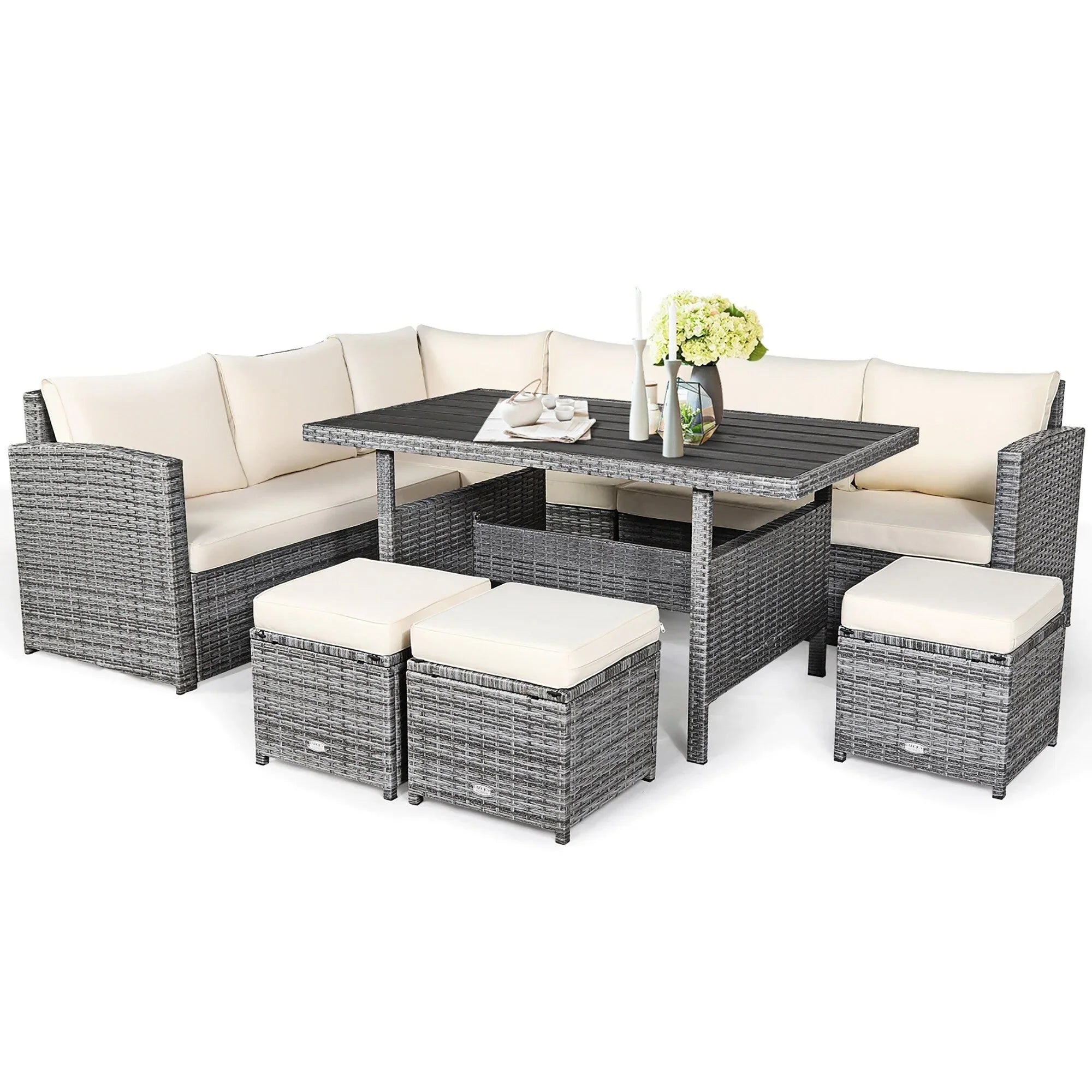 Ensemble de salle à manger Costway 7 pièces en rotin pour terrasse, canapé sectionnel et pouf - Voir détails