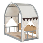 Lit cabane Montessori en bois massif avec plateforme, toit voûté et lit gigogne pour filles et garçons