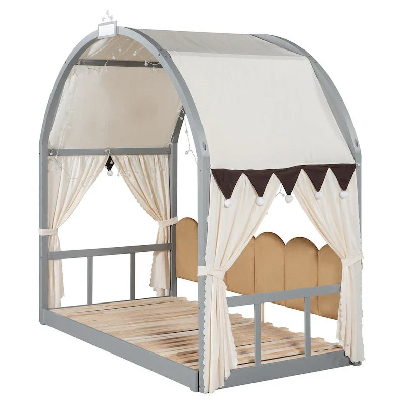 Lit cabane Montessori en bois massif avec plateforme, toit voûté et lit gigogne pour filles et garçons