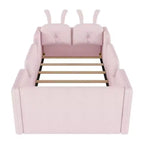 Lit plateforme double Whisen, cadre de lit rembourré pour enfants avec coussin lapin, barrières latérales amovibles