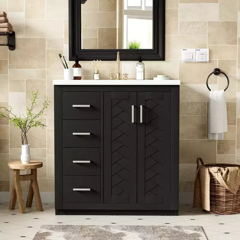 Meuble-lavabo simple de 76 cm avec armoire et 3 tiroirs – Noir / Bleu / Vert / Indigo / Blanc