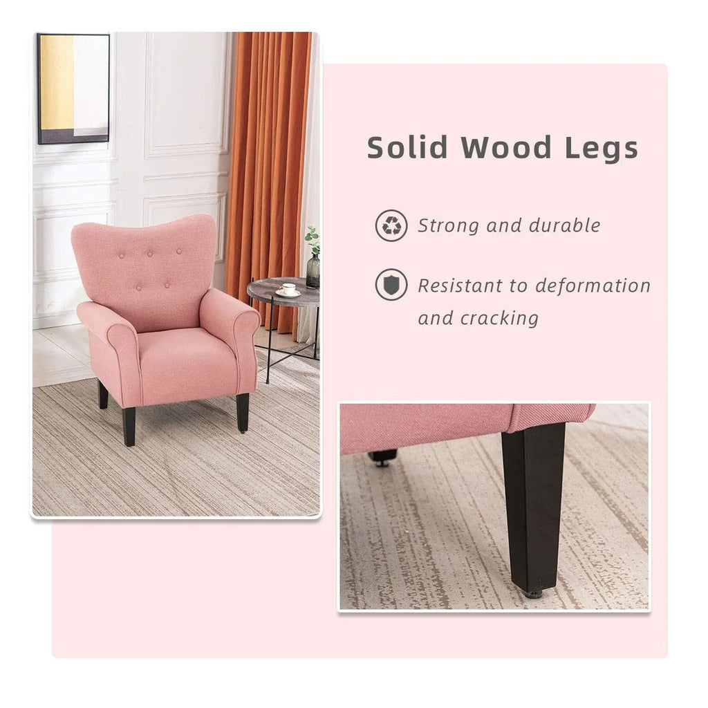 Fauteuil d'appoint moderne Erommy, fauteuil à dossier haut, canapé simple en tissu rembourré avec boutons et pieds en bois pour salon