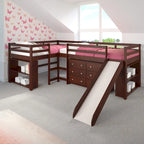 Ensemble de chambre mezzanine en L Double Twin avec toboggan, finition cappuccino foncé