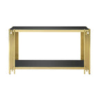 Console étroite à 2 niveaux avec structure en métal doré et plateau en verre trempé
