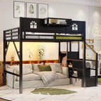 Lit mezzanine ModernLuxe double/grand format avec escalier et armoire intégrée, cadre de lit en métal avec lumières LED, station de charge USB et étagères de rangement