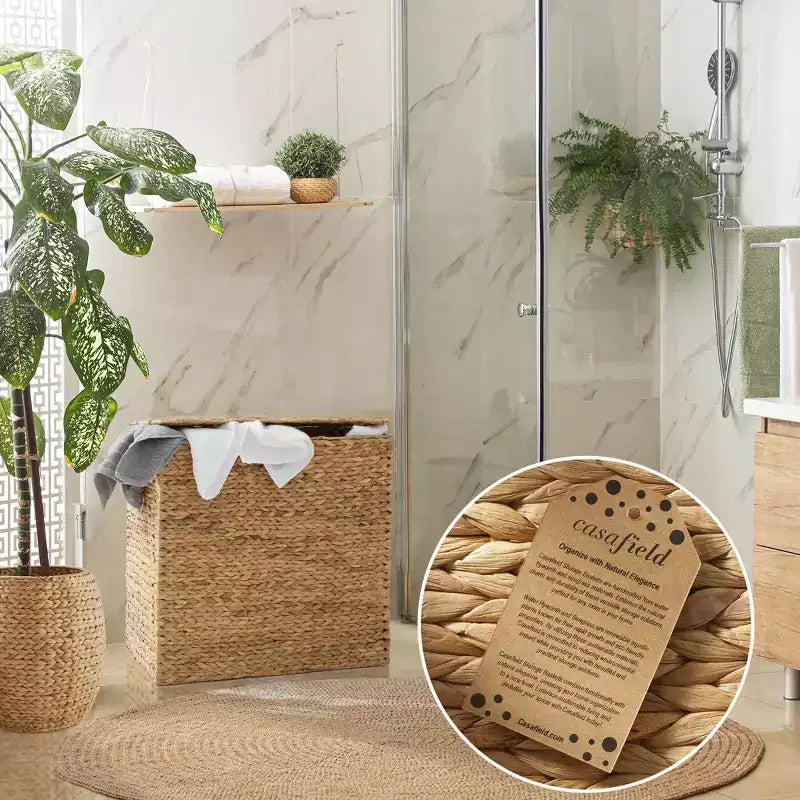 Panier à linge Casafield à 2 sections avec couvercle et sacs de doublure amovibles, trieur de linge tressé en jacinthe d'eau pour vêtements