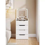 Coiffeuse 3-en-1 Okak avec miroir rabattable, coiffeuse compacte avec plateau en verre visible et tabouret rembourré, coiffeuse pour chambre à coucher