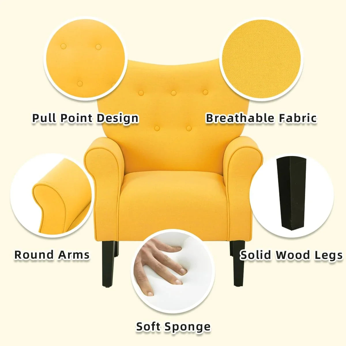 Fauteuil d'appoint moderne Erommy, fauteuil à dossier haut, canapé simple en tissu rembourré avec boutons et pieds en bois pour salon