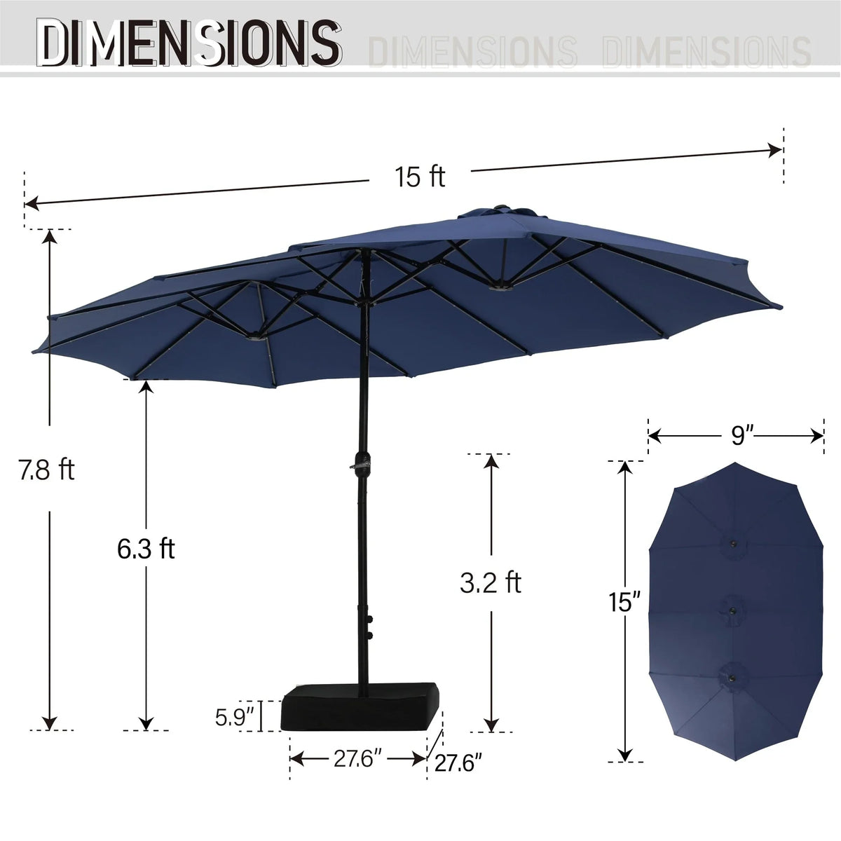 MAISON ARTS Parasol excentré rectangulaire de 4,5 m avec manivelle, parasol de marché double face d'extérieur avec lumières LED solaires et base incluse