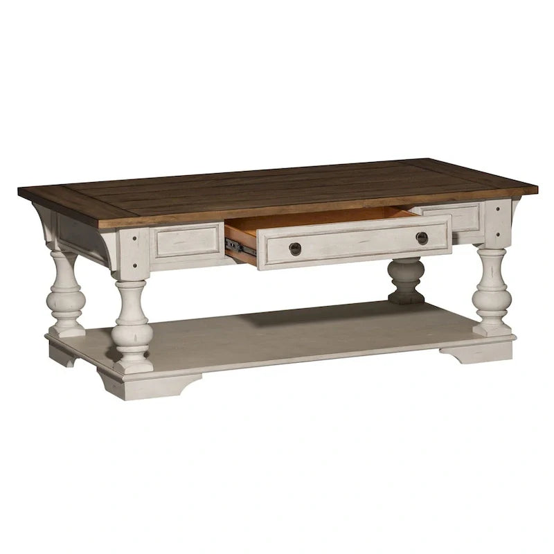 Table basse Morgan Creek blanc antique, avec accents tabac brossé.