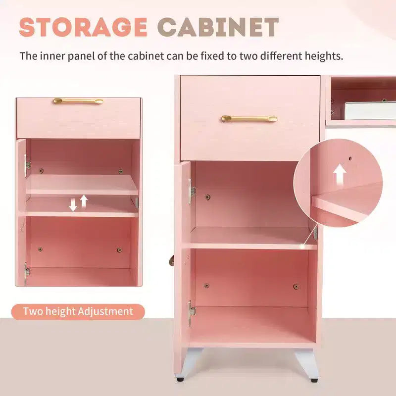 Bureau de manucure moderne noir/rose avec plateau en verre et repose-poignet, poste unique