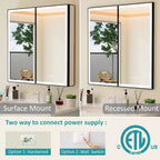Armoire de toilette avec miroir LED, montage en saillie ou encastré, lumière dimmable, anti-buée, étagères réglables