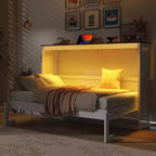 Lit escamotable double avec éclairage LED, peut être plié en armoire, armoire-lit murale dissimulée pour chambre d'amis