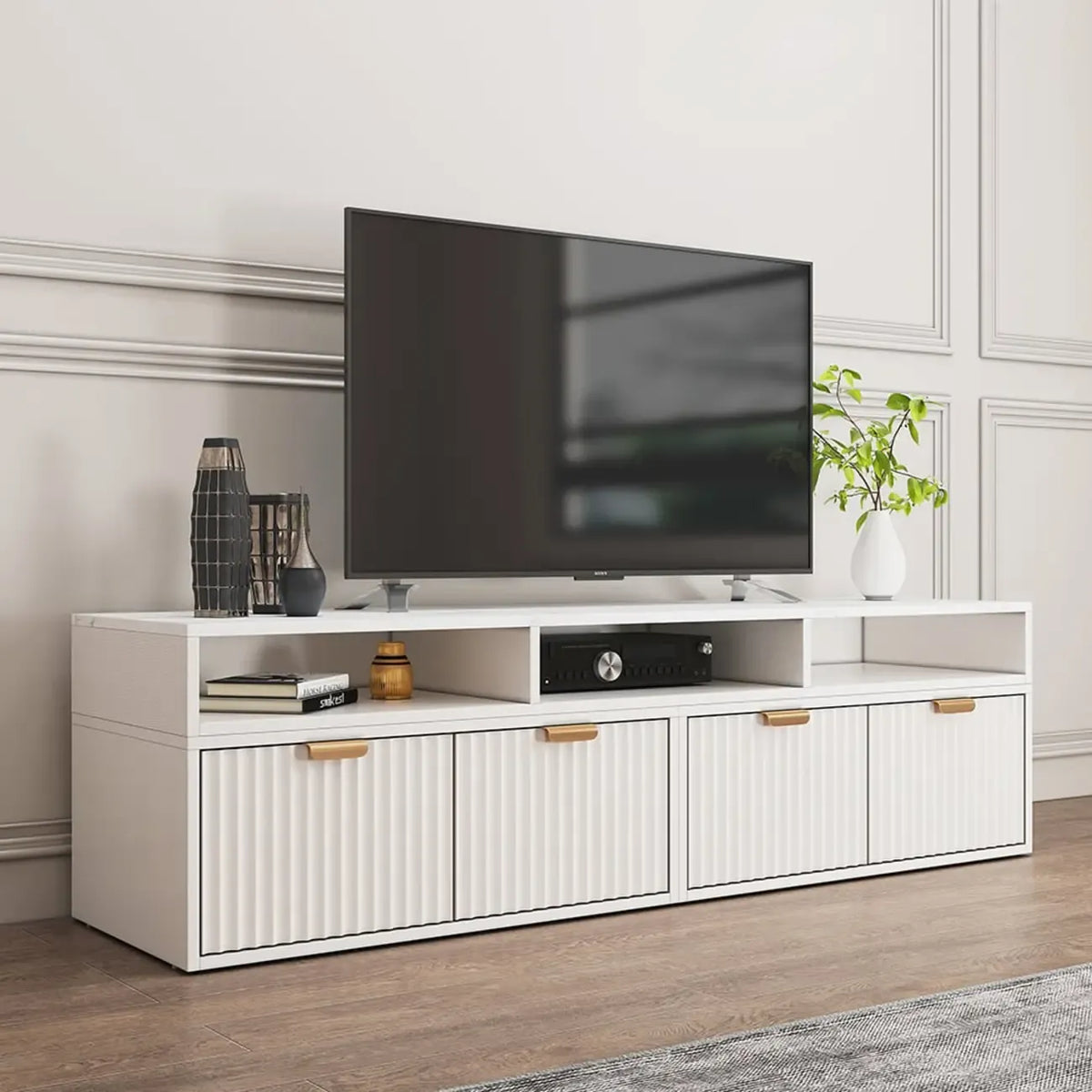 Meuble TV d'angle moderne blanc avec 2 tiroirs et rangement ouvert