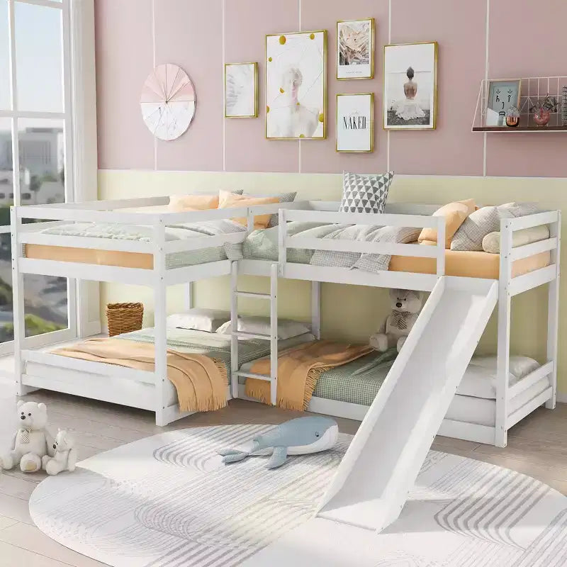 Lits superposés en L pour 4 enfants, lits superposés quadruples avec toboggan, lits superposés en bois doubles et jumeaux pour chambre à coucher ou dortoir