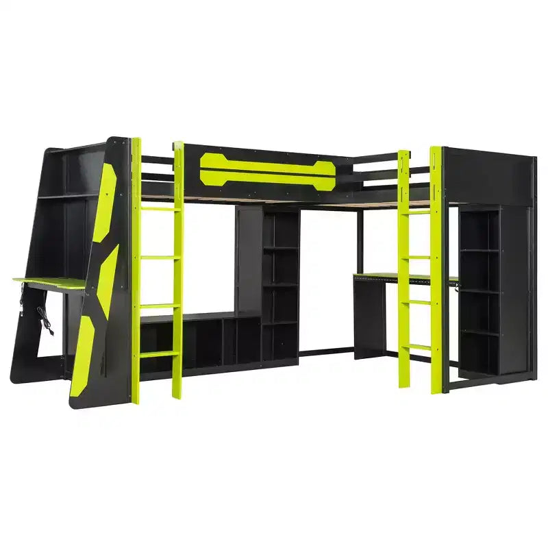 Lit mezzanine de jeu en L avec bureaux, lits superposés doubles avec lumières LED, ports USB, étagères de rangement, lit mezzanine d'angle en bois pour 2 personnes
