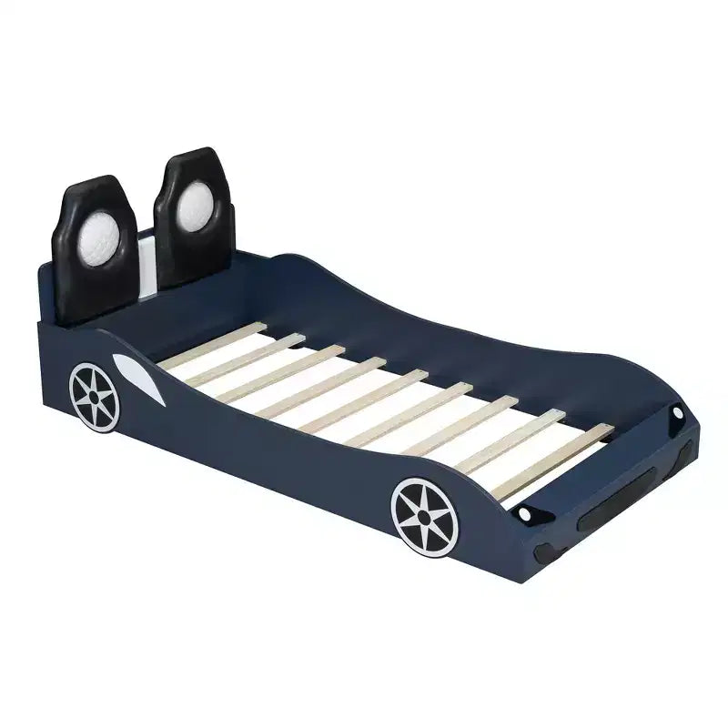 Lit plateforme Whisen Wood en forme de voiture de course, taille double, avec LED et dossier rembourré