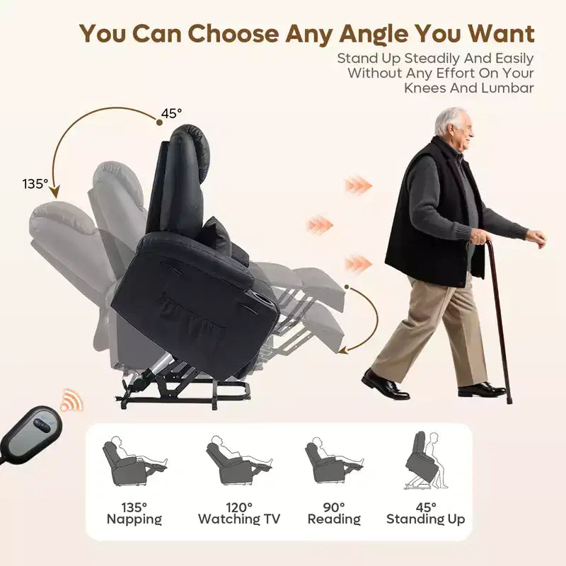 Fauteuil inclinable électrique Bestier de 88 cm avec fonction de levage, massage et chauffage, en similicuir, avec poches latérales et porte-gobelets