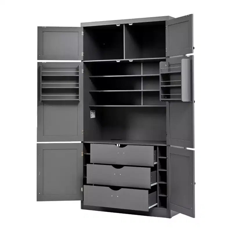 Grand meuble de garde-manger de cuisine avec prises électriques, grand placard autoportant avec support pour micro-ondes, tiroirs, étagères, casiers à vin et étagère de porte