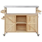 Îlot de cuisine d'extérieur Okak avec plateau en acier inoxydable, chariot de cuisine en bois avec portes, étagères et porte-épices, îlot de cuisine roulant
