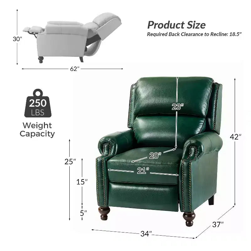 Ensemble de 2 fauteuils inclinables modernes en cuir véritable Elisabete avec garniture cloutée vintage pour salon et chambre à coucher | ART OF LIVING DESIGNS