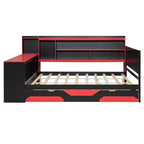Lit de repos de jeu double/grand avec tête de lit bibliothèque, lumières LED, bureau intégré, tiroirs et station de charge