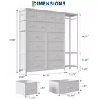 Commode de rangement avec 16 tiroirs, tringle à vêtements et étagères, organisateur de rangement en tissu pour chambre à coucher, placard ou entrée