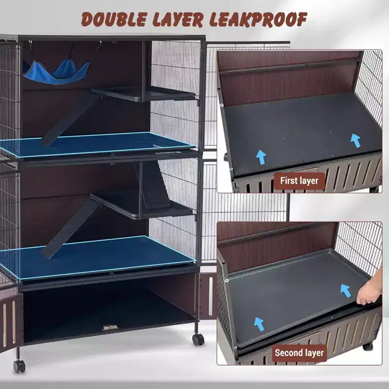 Grande Cage pour Petits Animaux, Cage à Furets - Habitat à 5 Niveaux de 150 cm avec Armoire de Rangement, Comprend Hamac/Roues/Rampes Amovibles/Plateaux Faciles à Nettoyer