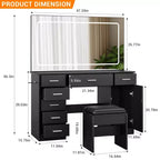 Coiffeuse moderne avec grand miroir, 7 tiroirs, lumières LED, chaise, 3 modes d'éclairage, support pour sèche-cheveux et station de recharge pour chambre à coucher