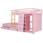 Lit superposé double sur double avec armoire de rangement et tiroirs, lit superposé double en bois peu encombrant avec garde-corps pour appartement, chambre à coucher