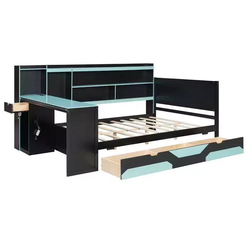 Lit de repos Gamer Hub avec bureau, lumières RGB, station de recharge, tiroirs de rangement et tête de lit bibliothèque