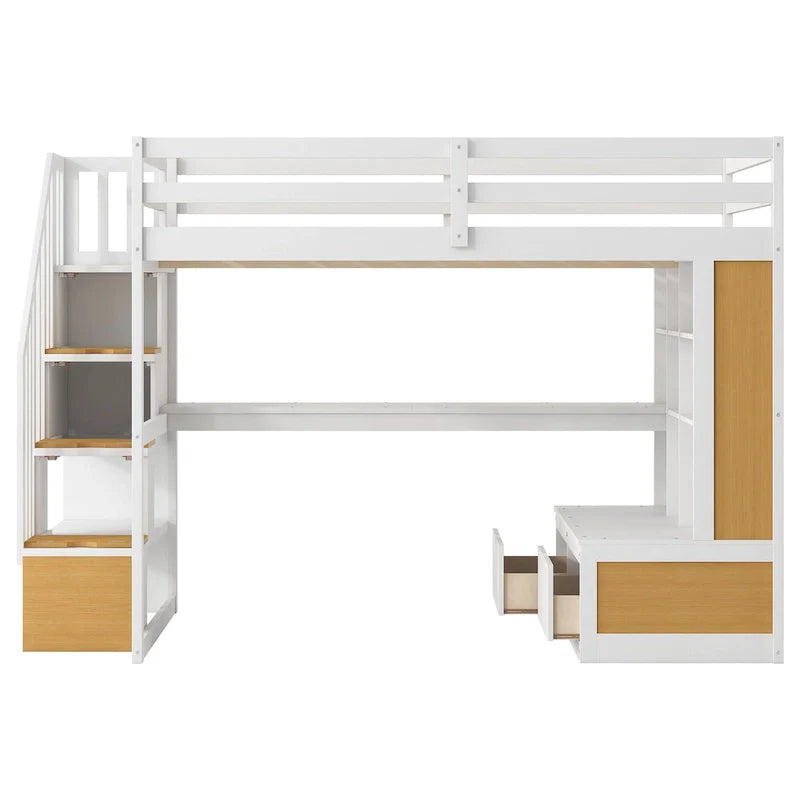 Lit mezzanine en bois massif naturel et blanc avec bureau et tiroirs