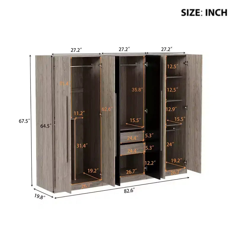 83W Armoire 6 Portes, Rangement de Vêtements avec 2 Tiroirs, Tringles et Étagères, Noir+Naturel-ModernLuxe