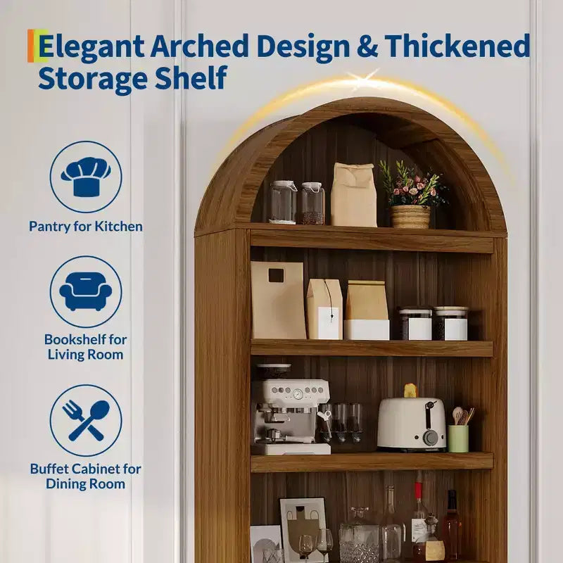 Bibliothèque arquée de 72 po avec tiroir de rangement, armoire de présentation moderne en bois à 6 niveaux avec étagères ouvertes et tiroir inférieur, porte d'armoire incurvée