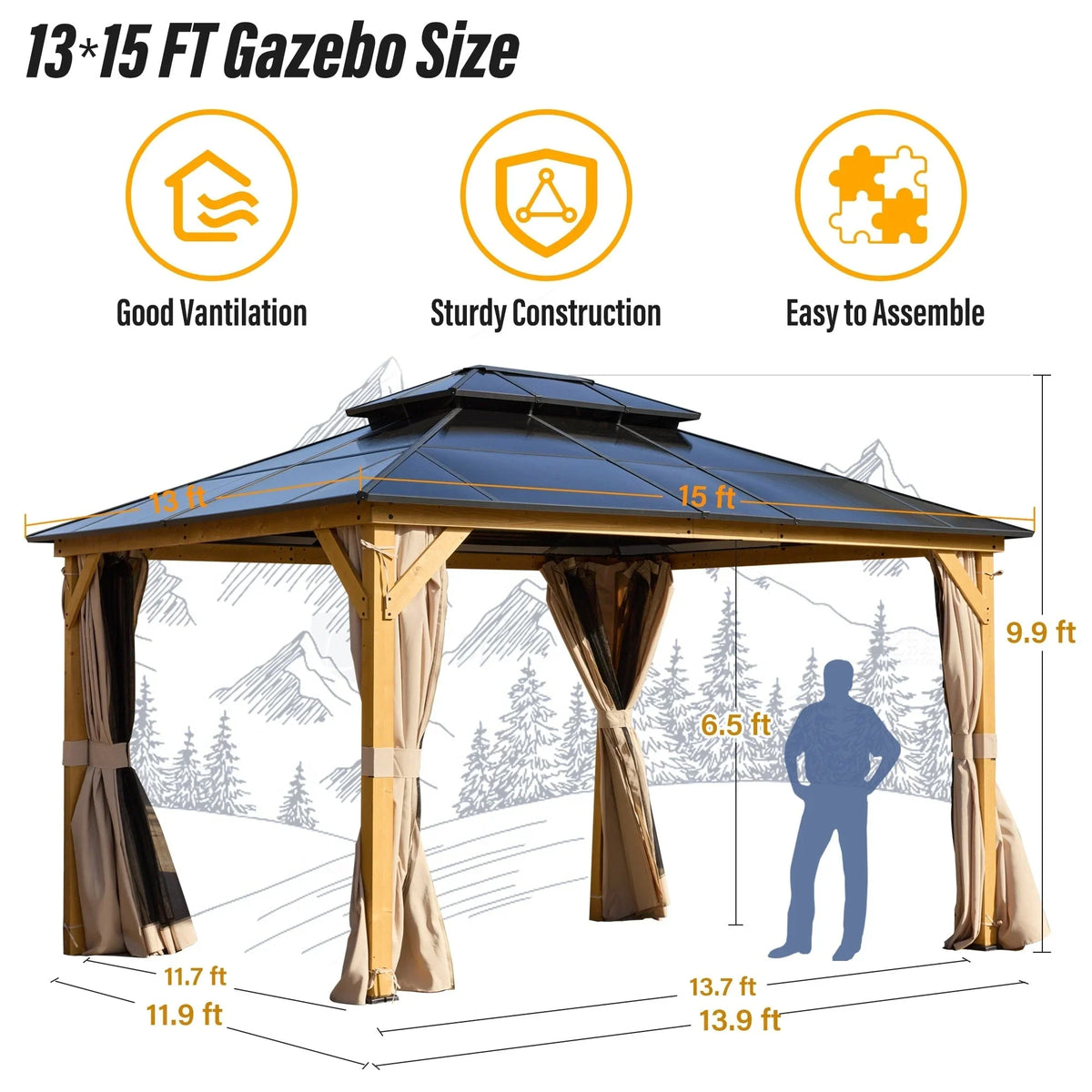Tonnelle EROMMY à toit rigide, pergola extérieure avec double toit, moustiquaire et rideaux, auvent robuste pour patio, jardin, fête au bord de la piscine