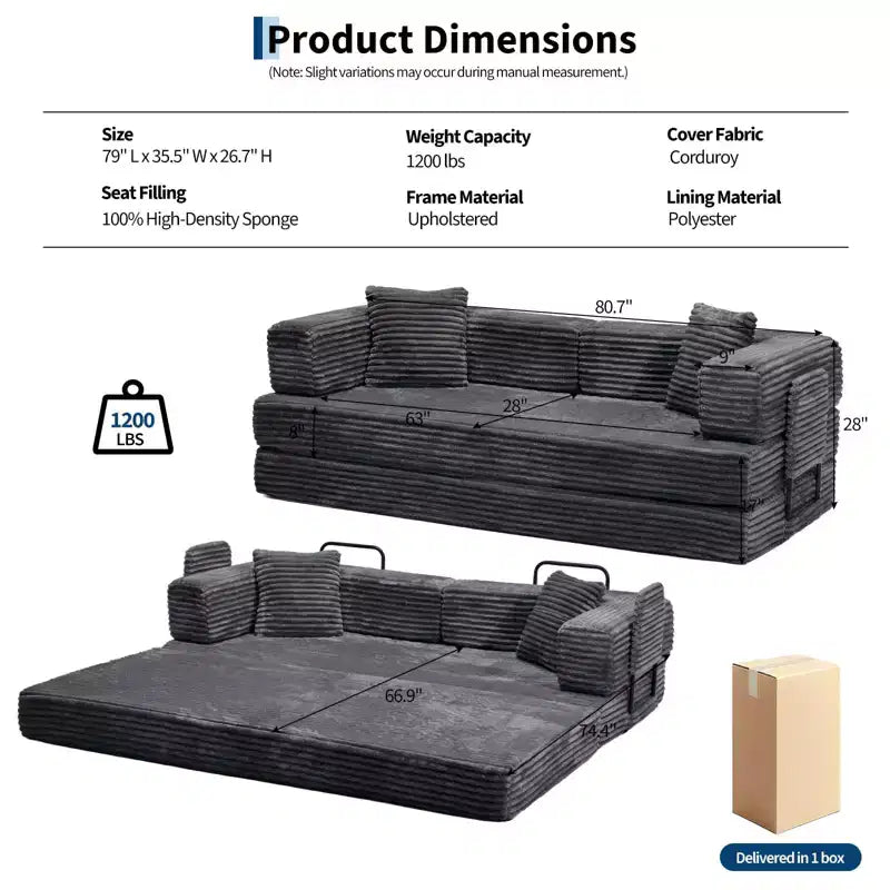 Canapé-lit convertible 5-en-1 80,7 po – Velours côtelé, 544 kg, aucun assemblage
