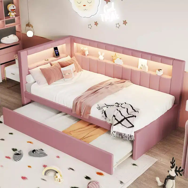Lit de repos double/complet avec tiroir gigogne et tête de lit bibliothèque en L, lit d'angle doux rembourré en lin avec étagères de rangement et bande LED
