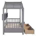 Lit cabane en bois double/complet avec 2 tiroirs, lit pour enfants avec étagère de rangement - ModernLuxe