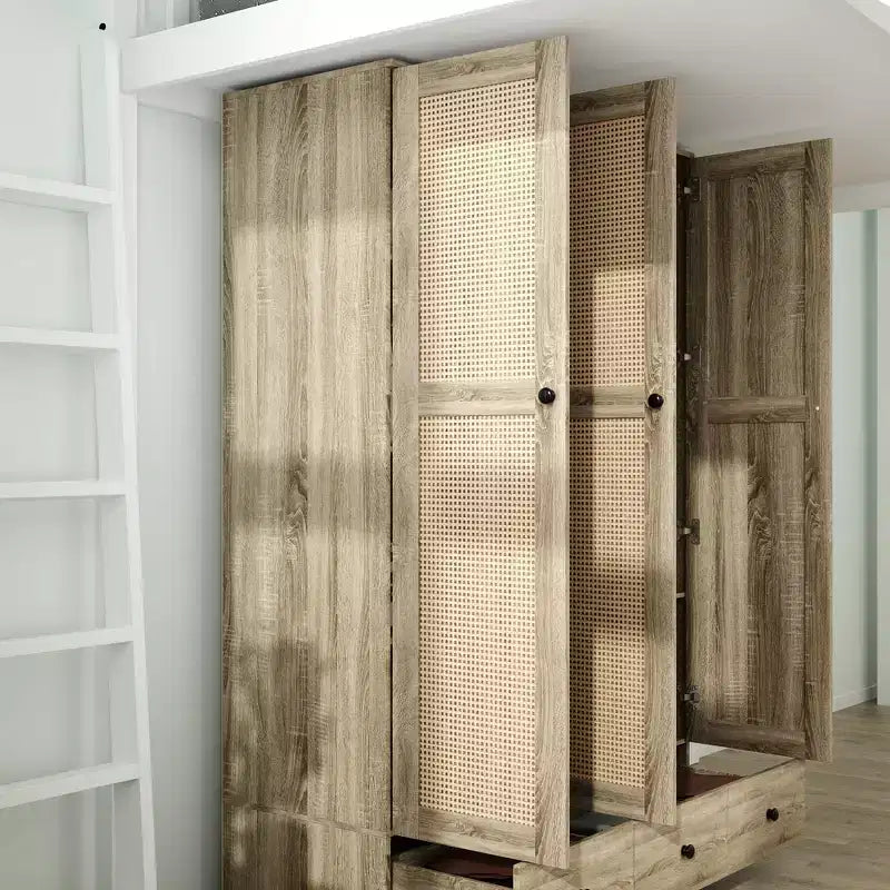 Armoire en rotin Famapy à 3 tiroirs, placard à 3 portes en rotin respirant, armoire de rangement haute de style ferme pour chambre à coucher