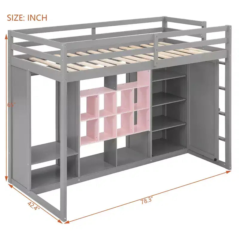 Lit mezzanine enfant avec armoire et étagères, Cadre de lit mezzanine en bois avec meuble de rangement pour enfants et adolescents