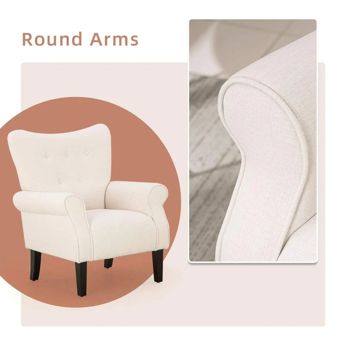 Fauteuil d'appoint moderne Erommy, fauteuil à dossier haut, canapé simple en tissu rembourré avec boutons et pieds en bois pour salon