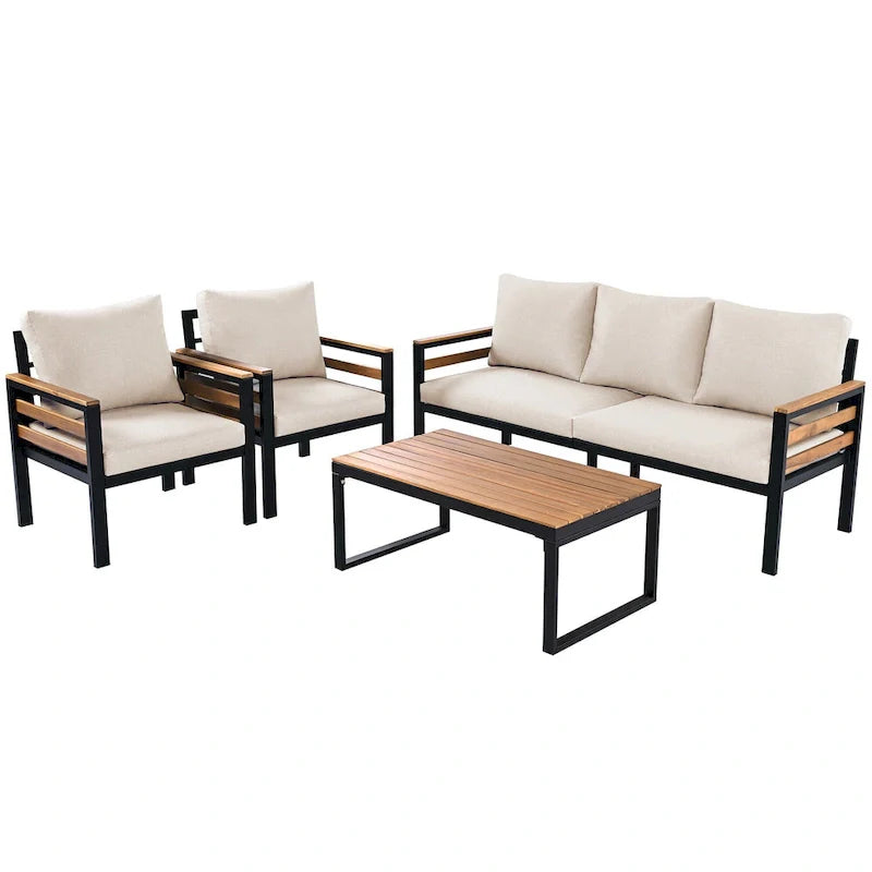 Ensemble de canapés d'extérieur 4 pièces pour 5 personnes avec table basse en bois massif et coussins amovibles