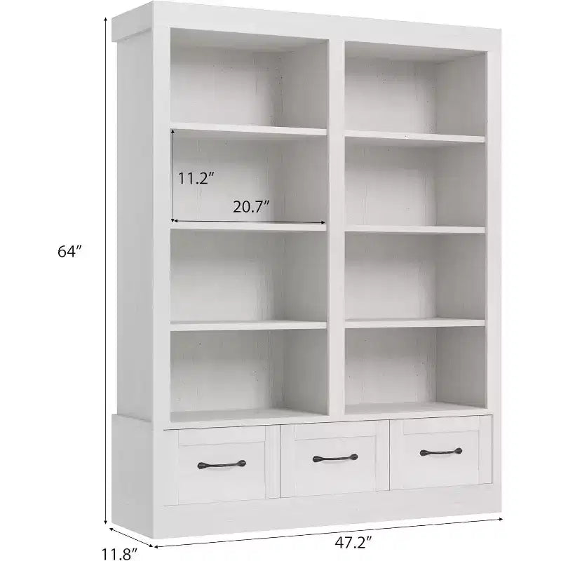 Bibliothèque et étagères de 64 H, étagère avec 3 tiroirs de rangement, étagère ouverte à 4 niveaux double largeur pour bureau salon