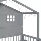 Lit cabane double avec étagères de rangement et barrières, cadre de lit Montessori en bois pour enfants avec fenêtre et bande lumineuse scintillante
