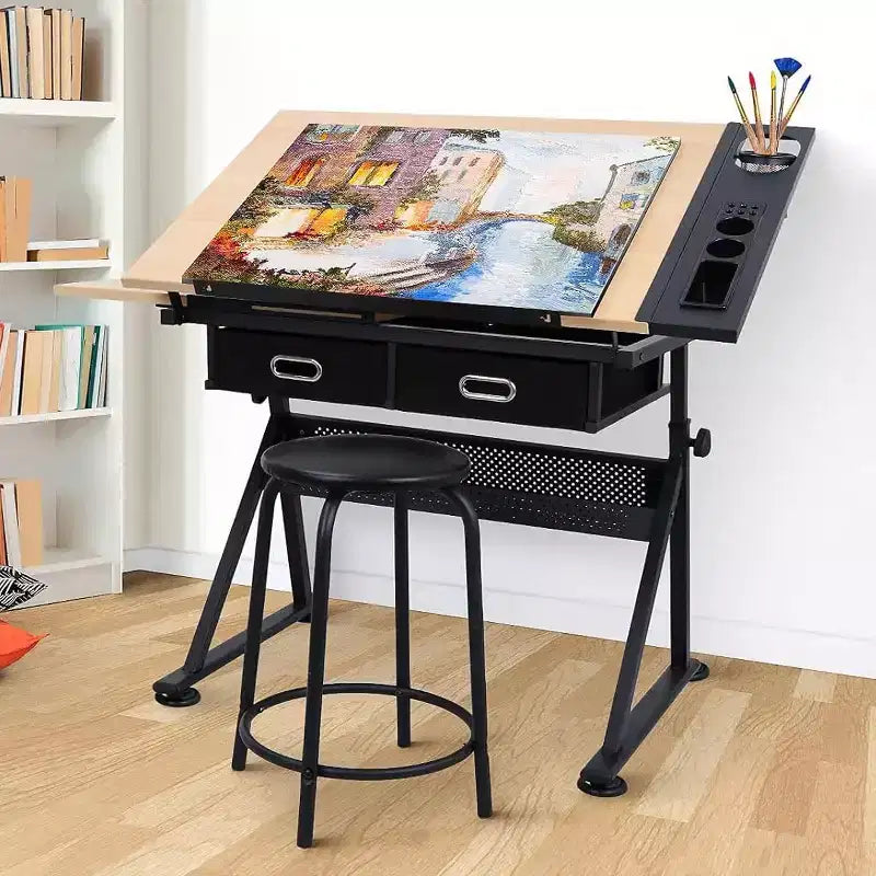 Table à dessin réglable en hauteur, table à dessin inclinable de 0 à 75° pour adultes, bureau d'artiste avec 2 tiroirs de rangement, avec tabouret