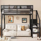 Lit mezzanine jumeau Okak 94IN avec armoire, lit jumeau avec étagères de rangement et panier, cadres de lit pour chambre à coucher, dortoir